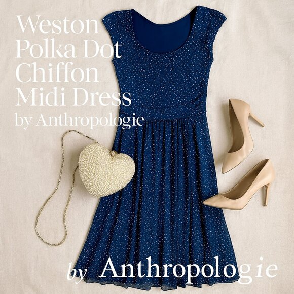 Anthropologie Weston Chiffon Midi Dress XS | Blue Polka Dot Cap Sleeve Fit Flare - Picture 1 of 15